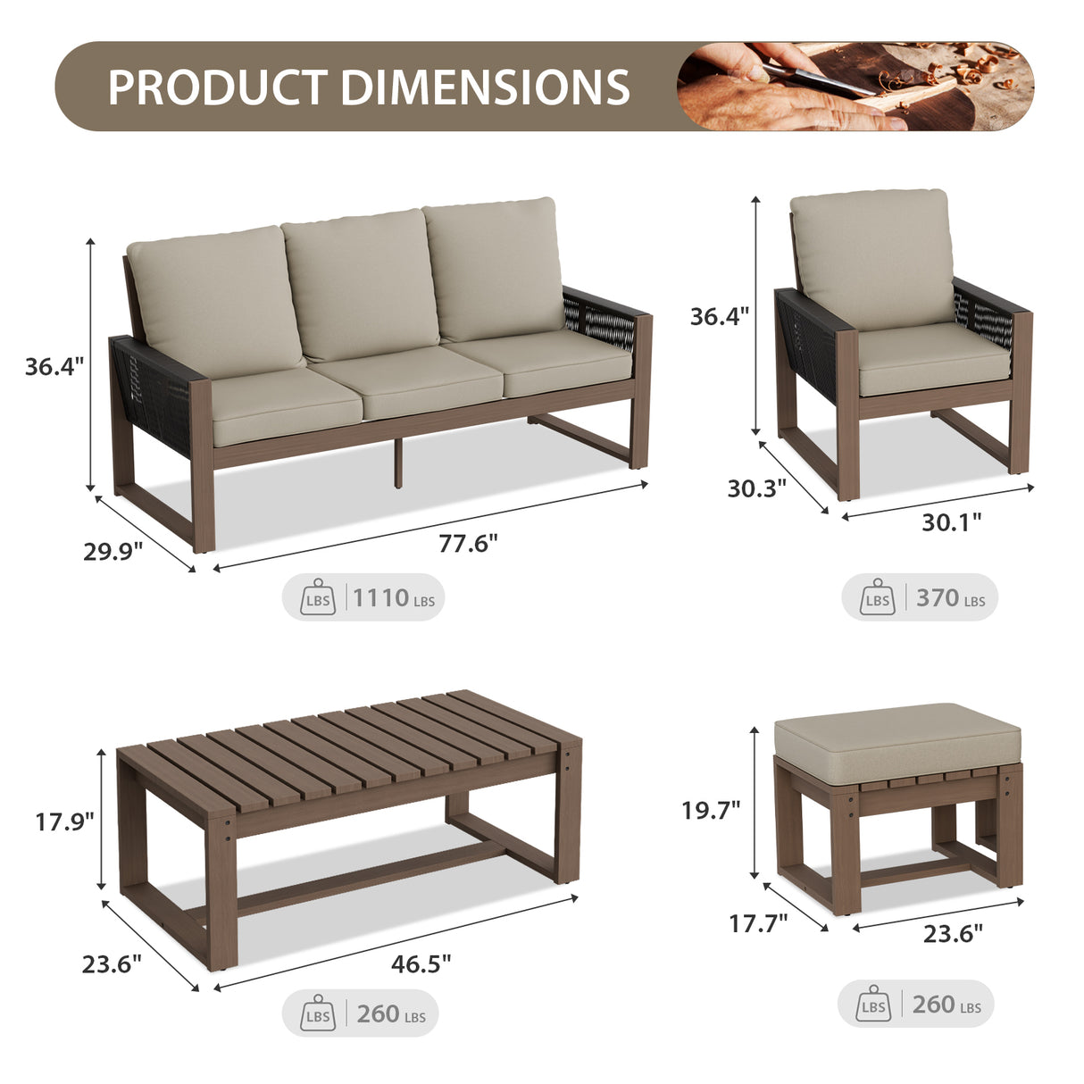 Natural Wood Outdoor Patio Furniture, Sofa 4 Patio Chairs 2 Ottomans and Coffee Table, 8 pcs