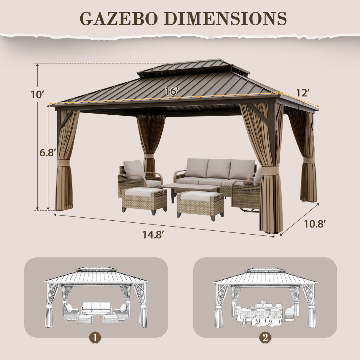 12x10 Hardtop Gazebo, Galvanized Steel Double Roof with Aluminum Frame - Eagle Peak Custom Canopy Tent