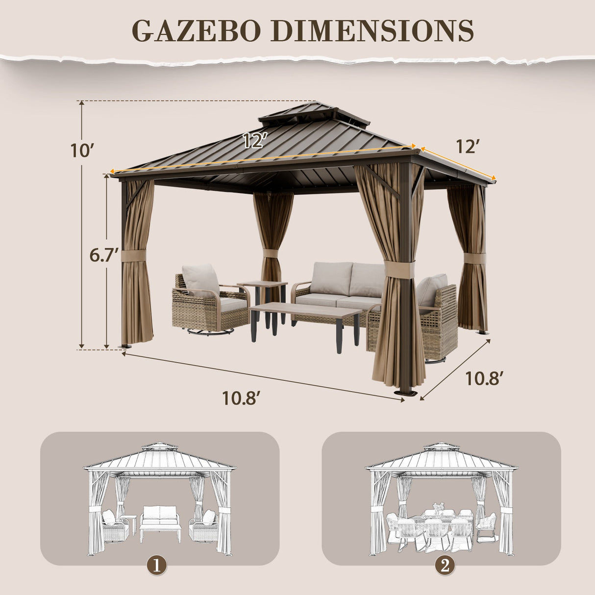 12x10 Hardtop Gazebo, Galvanized Steel Double Roof with Aluminum Frame - Eagle Peak Custom Canopy Tent