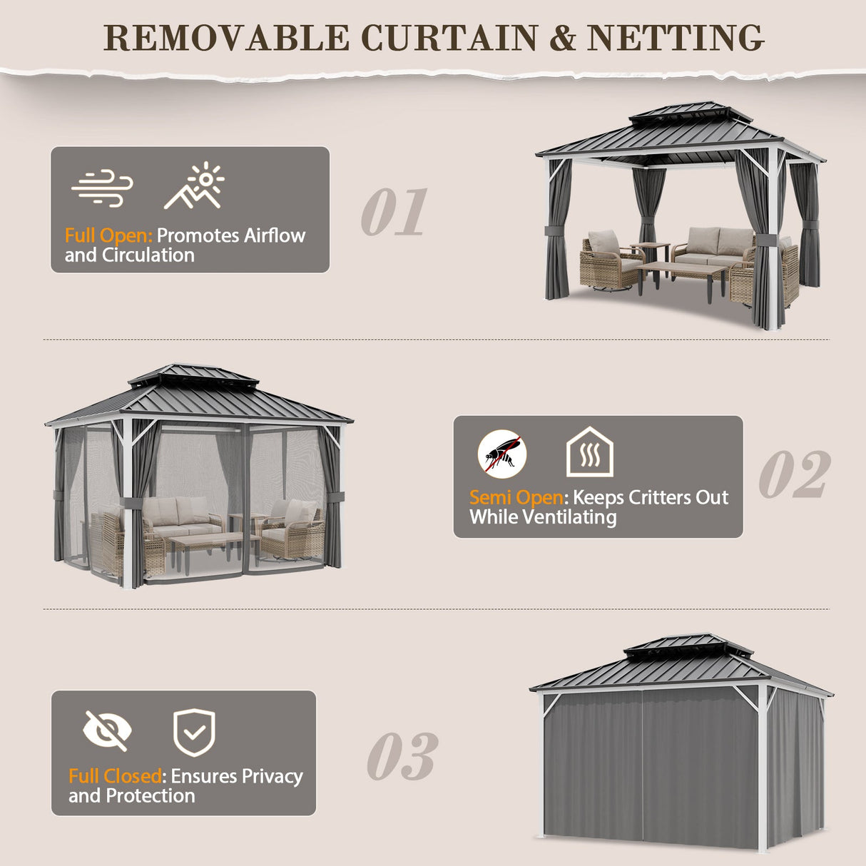12x10/12x12/12x14/12x16/12x18/12x20 Hardtop Gazebo, Galvanized Steel Double Roof with Aluminum Frame - Eagle Peak Custom Canopy Tent