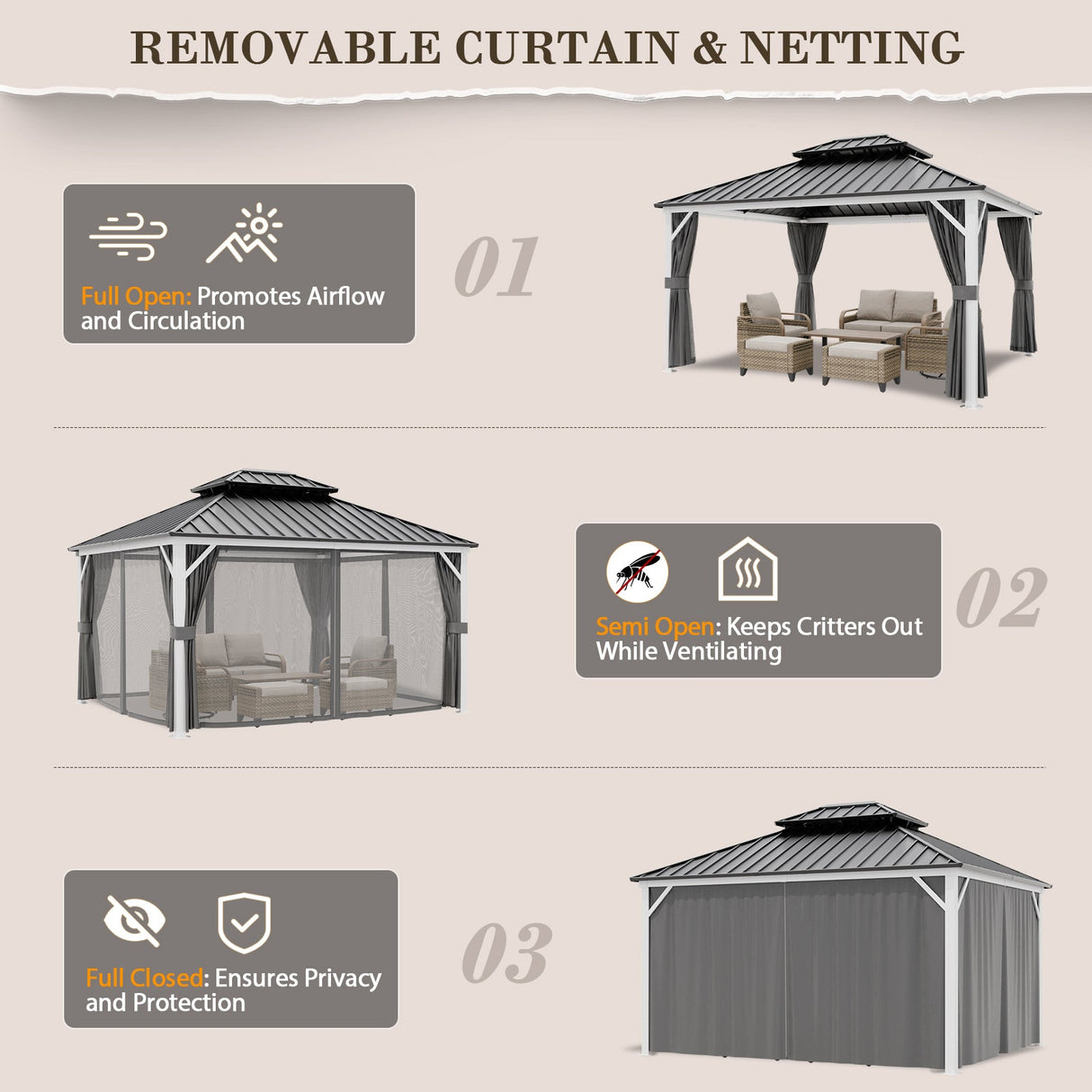 12x10/12x12/12x14/12x16/12x18/12x20 Hardtop Gazebo, Galvanized Steel Double Roof with Aluminum Frame - Eagle Peak Custom Canopy Tent