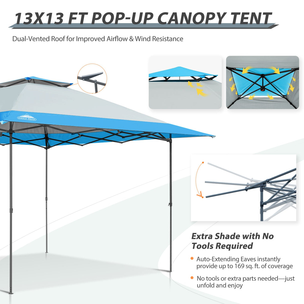 13x13 Straight Leg Pop Up Canopy Tent with 169 sqft of Shade - Eagle Peak Custom Canopy Tent