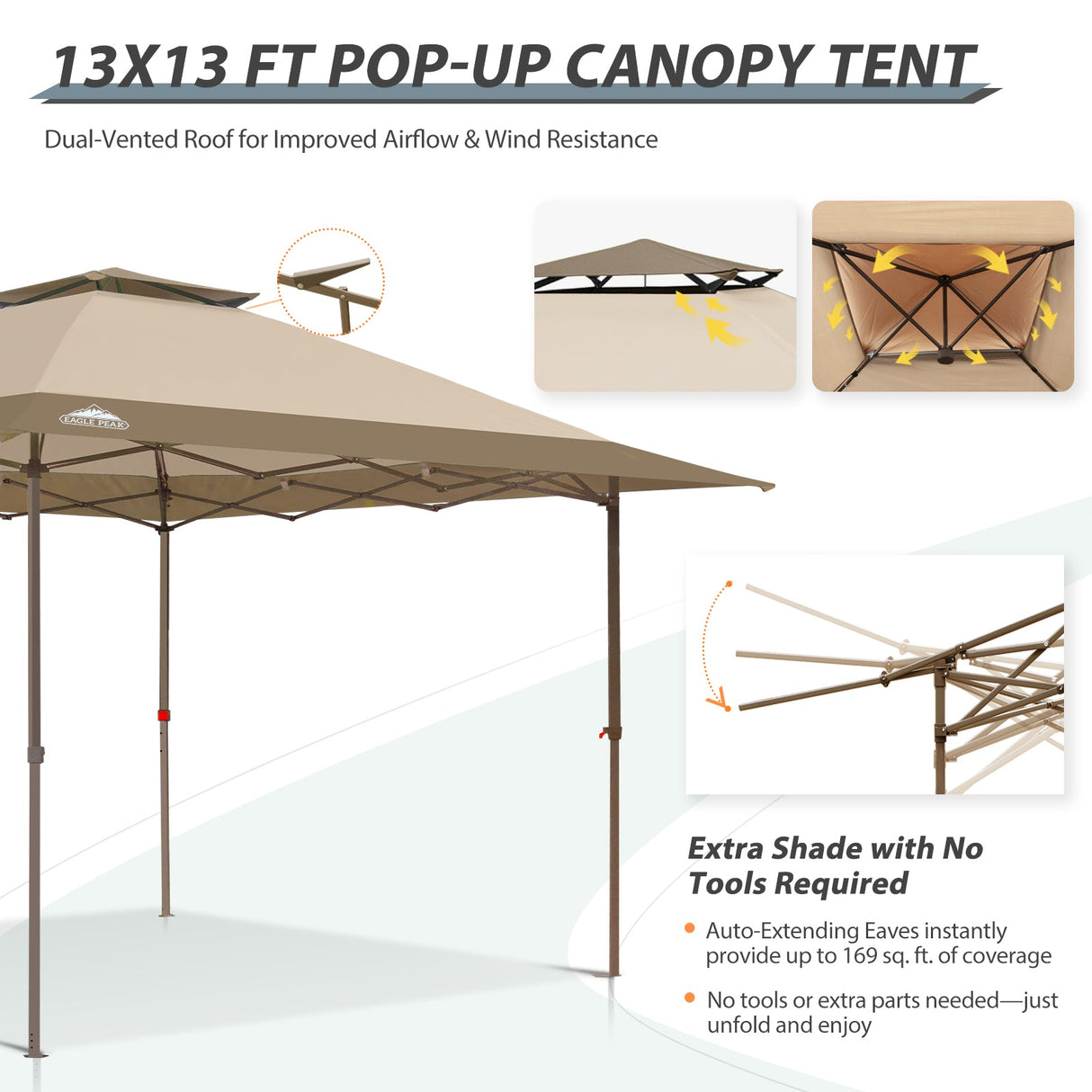 13x13 Straight Leg Pop Up Canopy Tent with 169 sqft of Shade - Eagle Peak Custom Canopy Tent