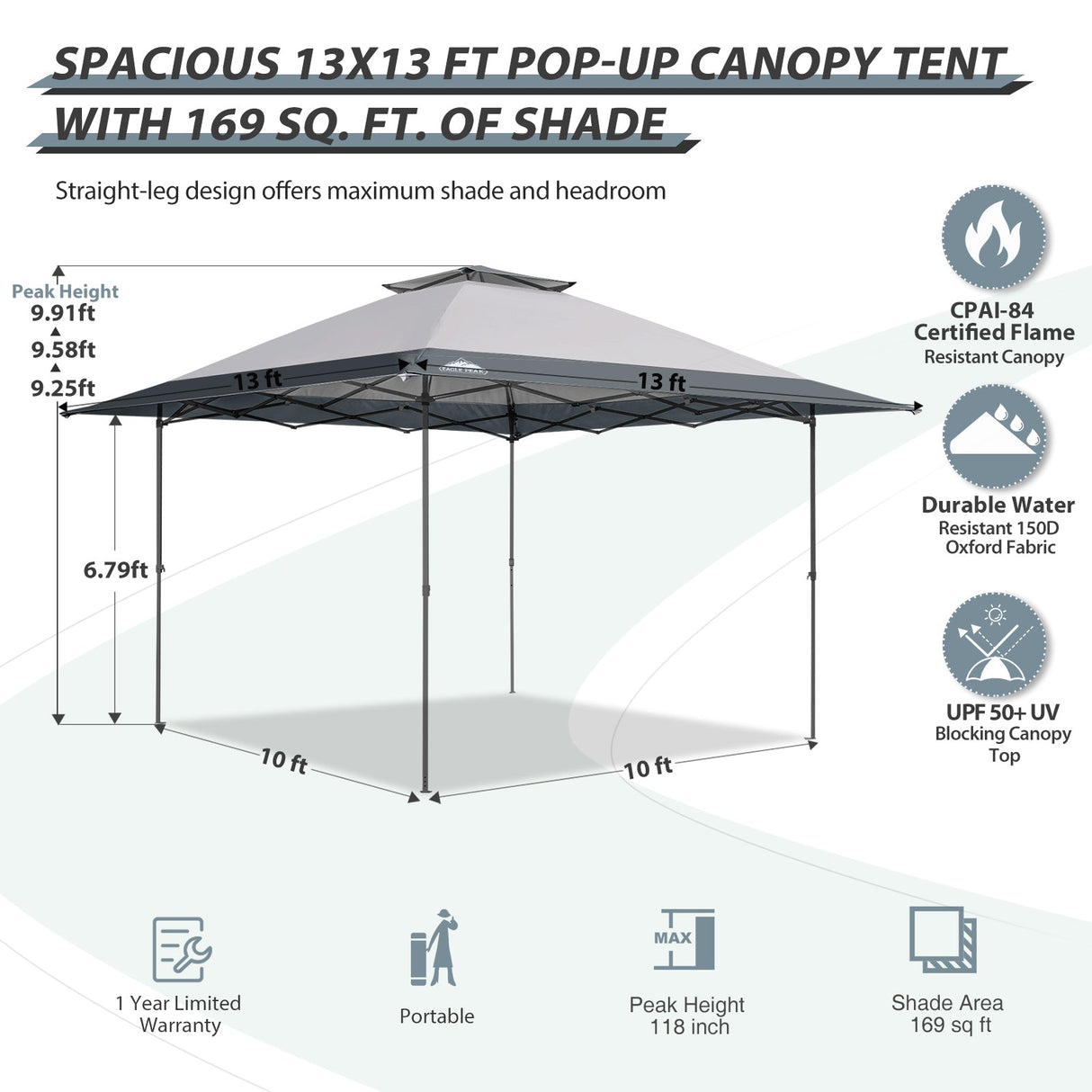 13x13 Straight Leg Pop Up Canopy Tent with 169 sqft of Shade - Eagle Peak Custom Canopy Tent