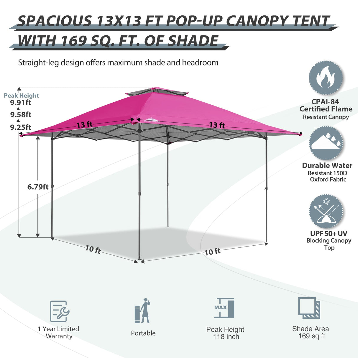 13x13 Straight Leg Pop Up Canopy Tent with 169 sqft of Shade - Eagle Peak Custom Canopy Tent