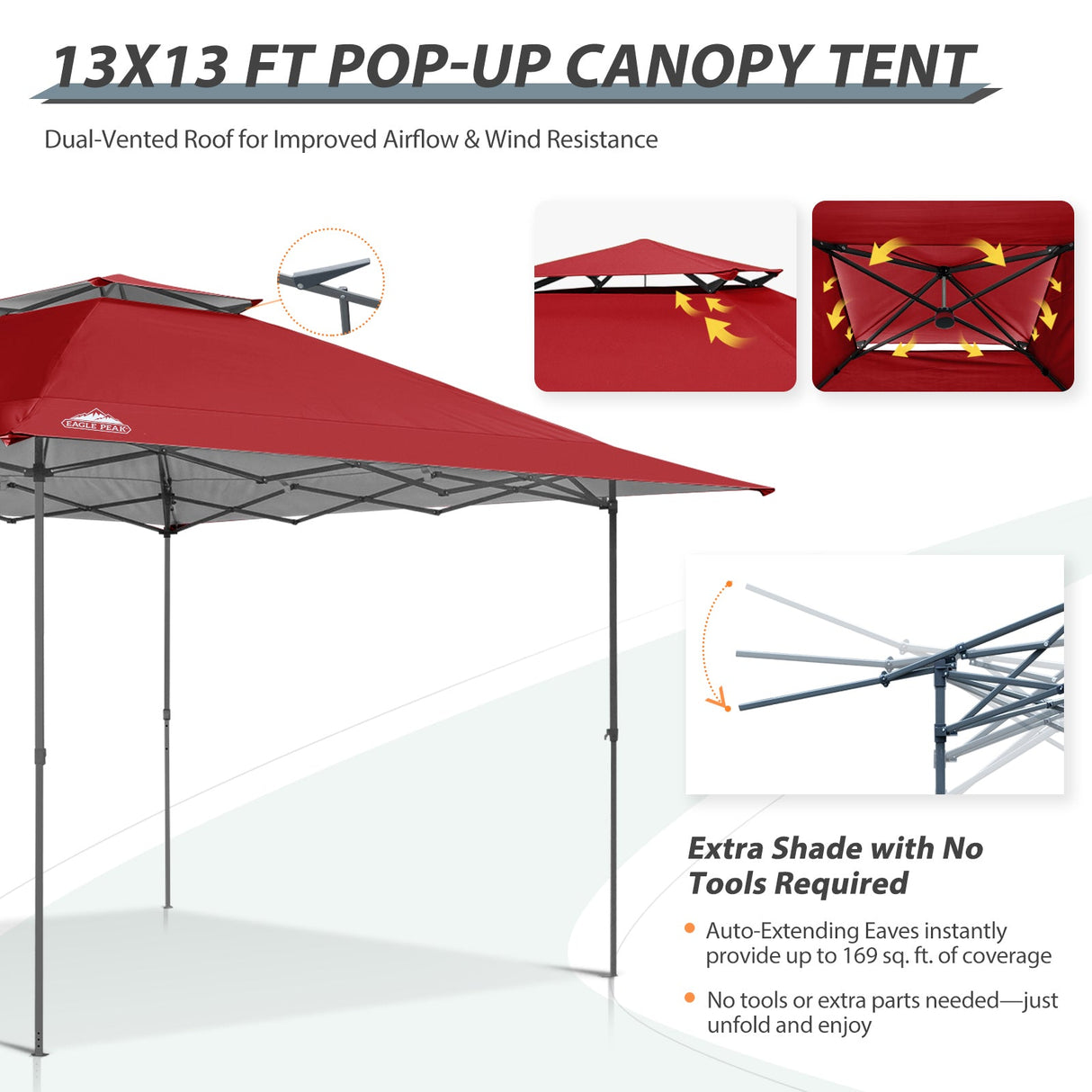 13x13 Straight Leg Pop Up Canopy Tent with 169 sqft of Shade - Eagle Peak Custom Canopy Tent