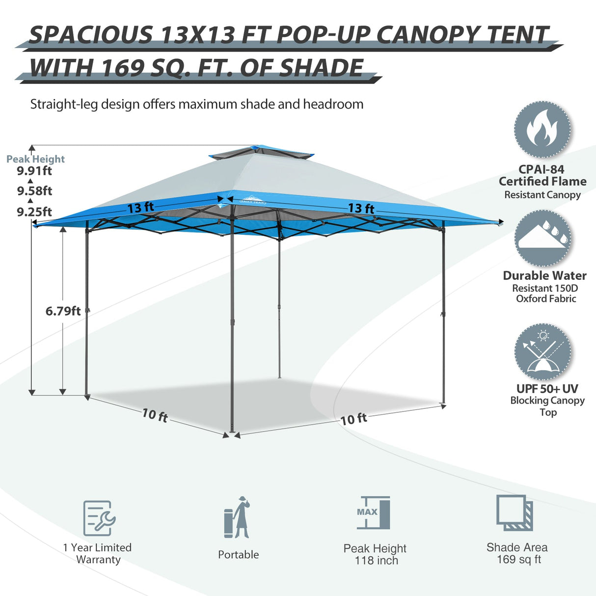 13x13 Straight Leg Pop Up Canopy Tent with 169 sqft of Shade - Eagle Peak Custom Canopy Tent