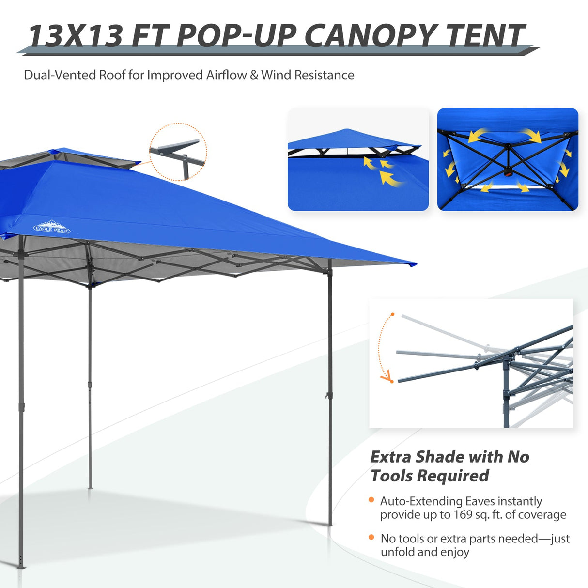 13x13 Straight Leg Pop Up Canopy Tent with 169 sqft of Shade - Eagle Peak Custom Canopy Tent