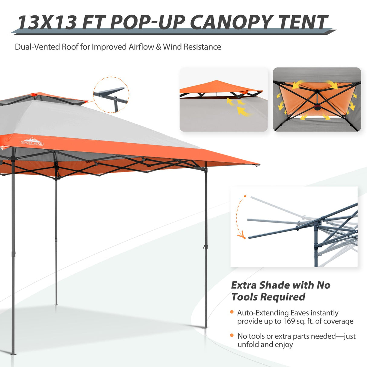 13x13 Straight Leg Pop Up Canopy Tent with 169 sqft of Shade - Eagle Peak Custom Canopy Tent