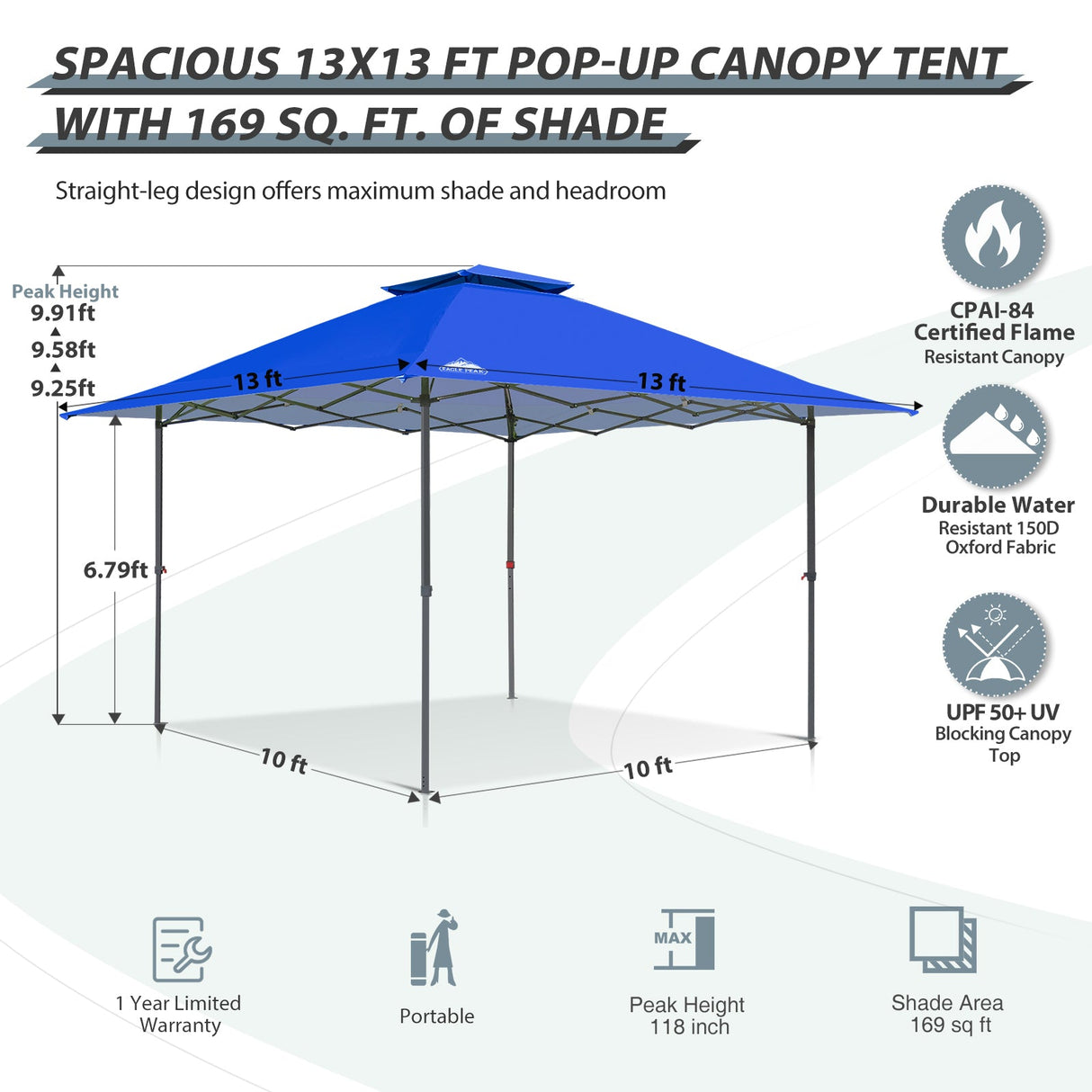 13x13 Straight Leg Pop Up Canopy Tent with 169 sqft of Shade - Eagle Peak Custom Canopy Tent