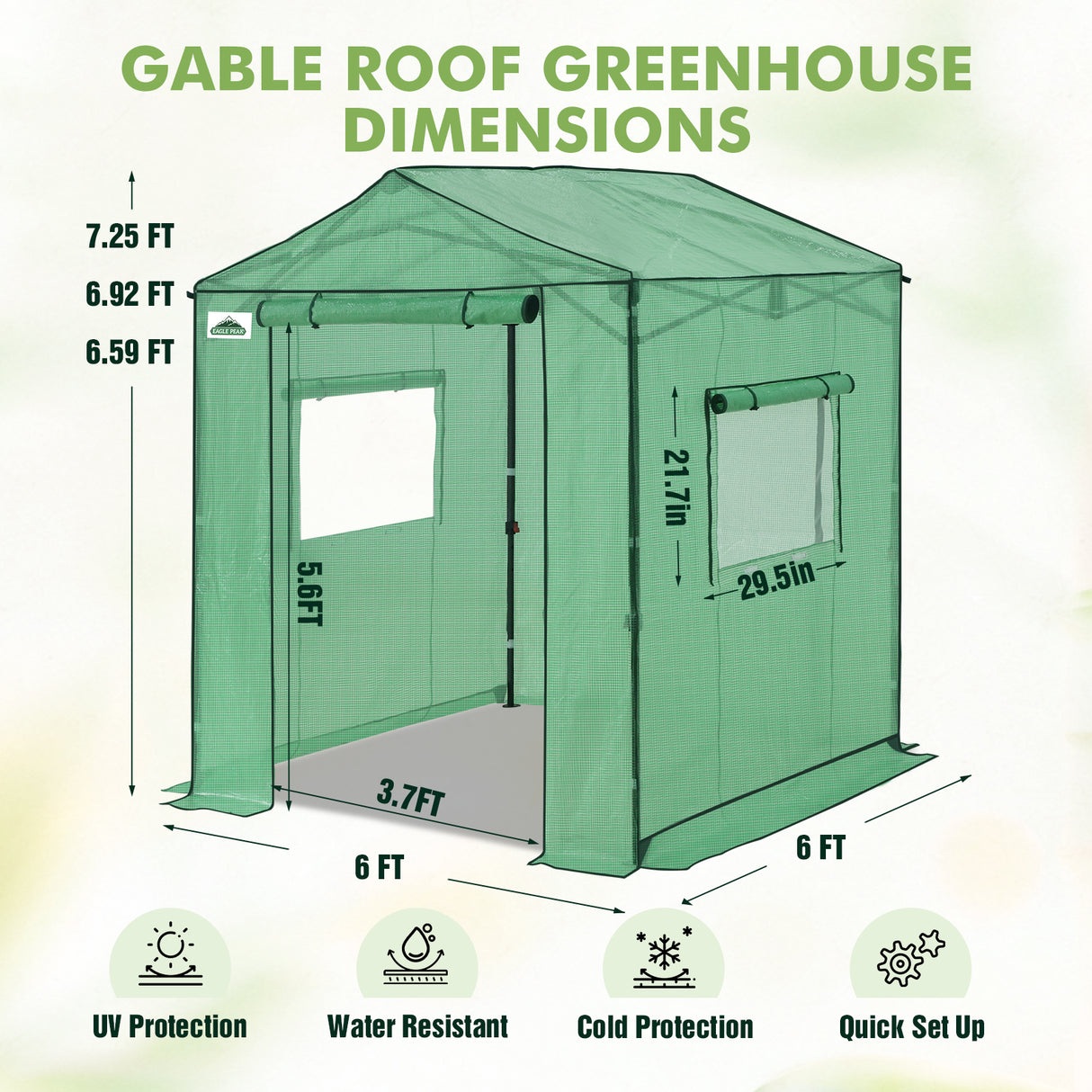 6x6/ 8x8/ 10x10 Portable Pop Up Greenhouse, Patented Center Lock with Gable Roof