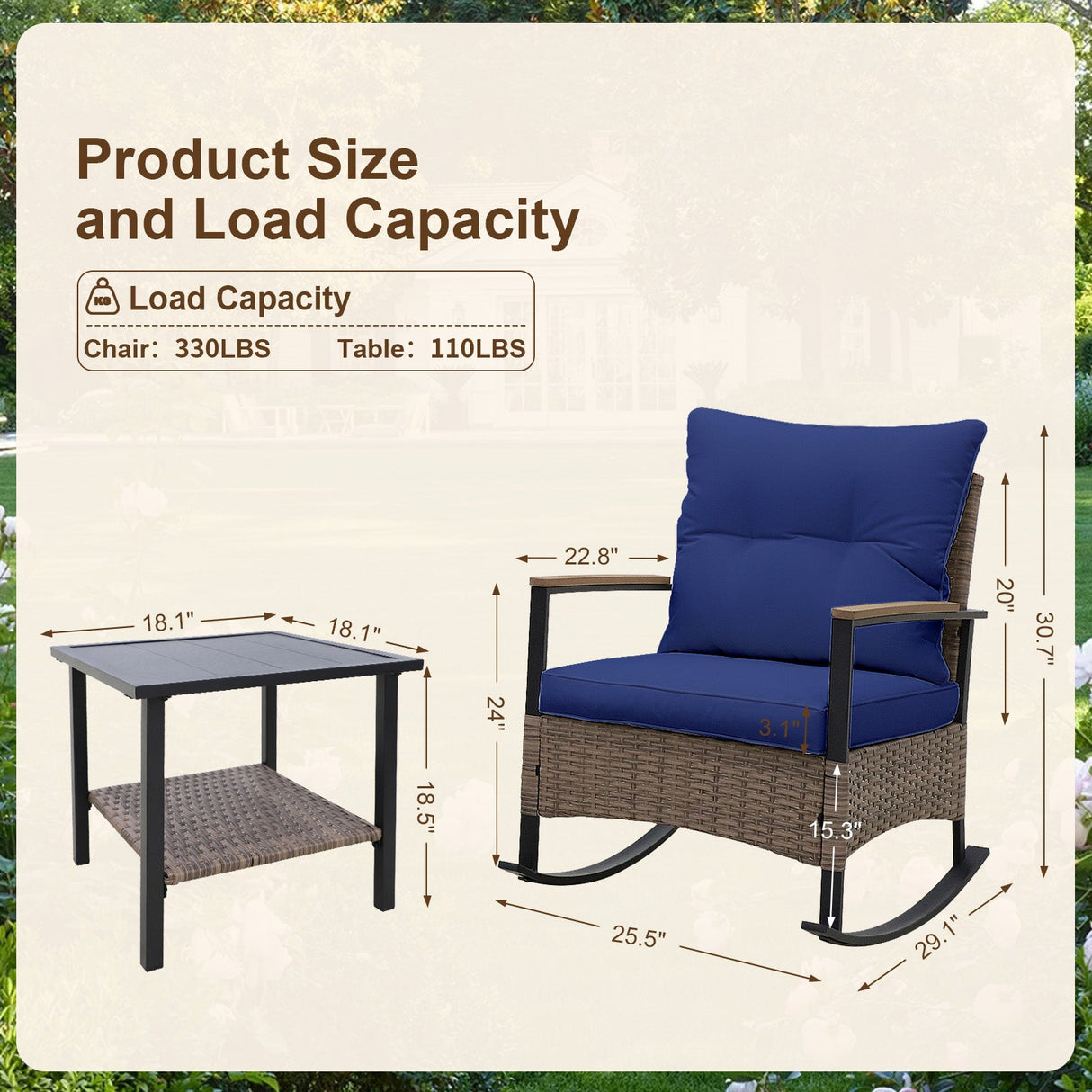 3 PCS Mojave Dusk Outdoor Conversation Set, 2 Rocking Chairs and Side Table - Eagle Peak Custom Canopy Tent