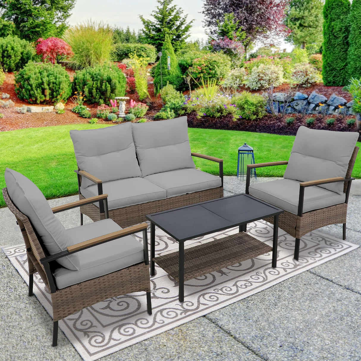 4 PCS Mojave Dusk Patio Wicker Furniture, Loveseat, 2 Patio Chairs and Coffee Table, Brown/Beige - Eagle Peak Custom Canopy Tent