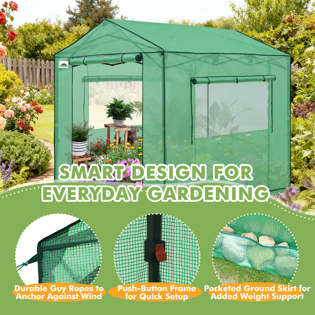 6x6/ 8x8/ 10x10 Portable Pop Up Greenhouse, Patented Center Lock with Gable Roof