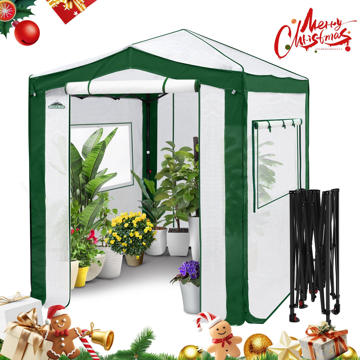 6x4/8x6/10x10 Portable Walk in Greenhouse with Polyester Reinforced Corners, Gray/White, Green/White - Eagle Peak Custom Canopy Tent