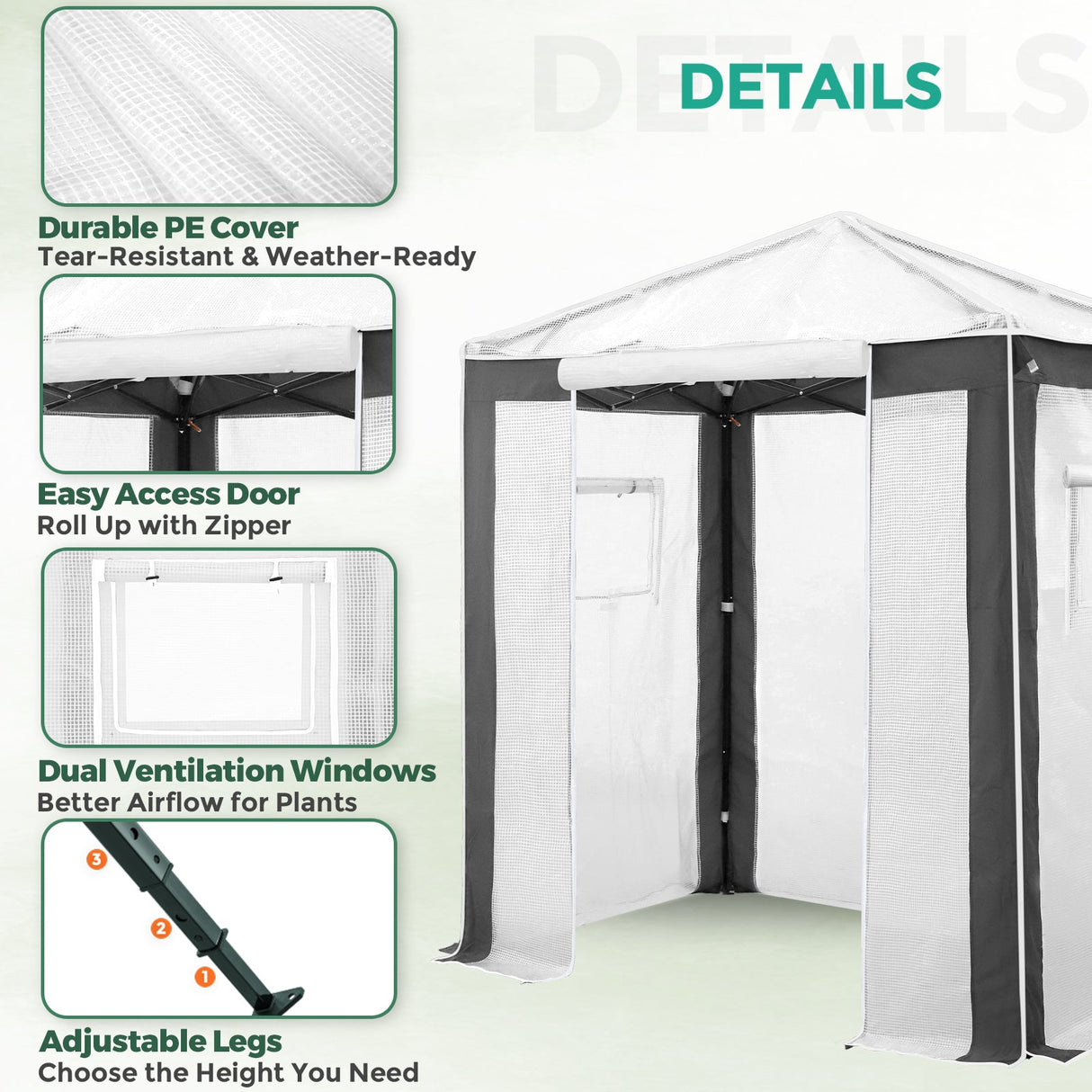 6x4/8x6/10x10 Portable Walk in Greenhouse with Polyester Reinforced Corners, Gray/White, Green/White - Eagle Peak Custom Canopy Tent
