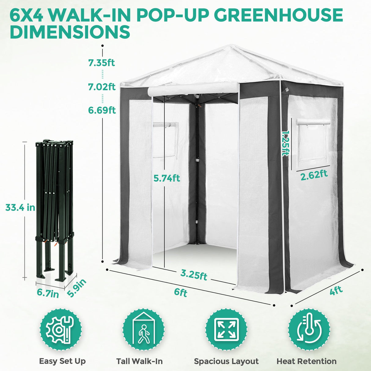 6x4/8x6/10x10 Portable Walk in Greenhouse with Polyester Reinforced Corners, Gray/White, Green/White - Eagle Peak Custom Canopy Tent