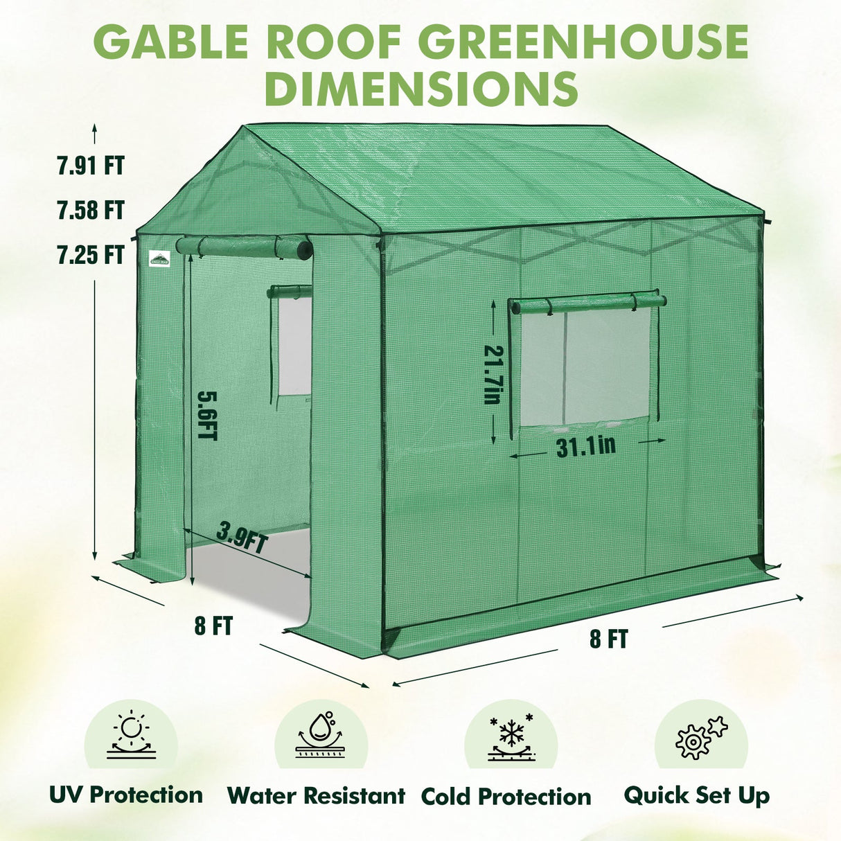 6x6/ 8x8/ 10x10 Portable Pop Up Greenhouse, Patented Center Lock with Gable Roof - Eagle Peak