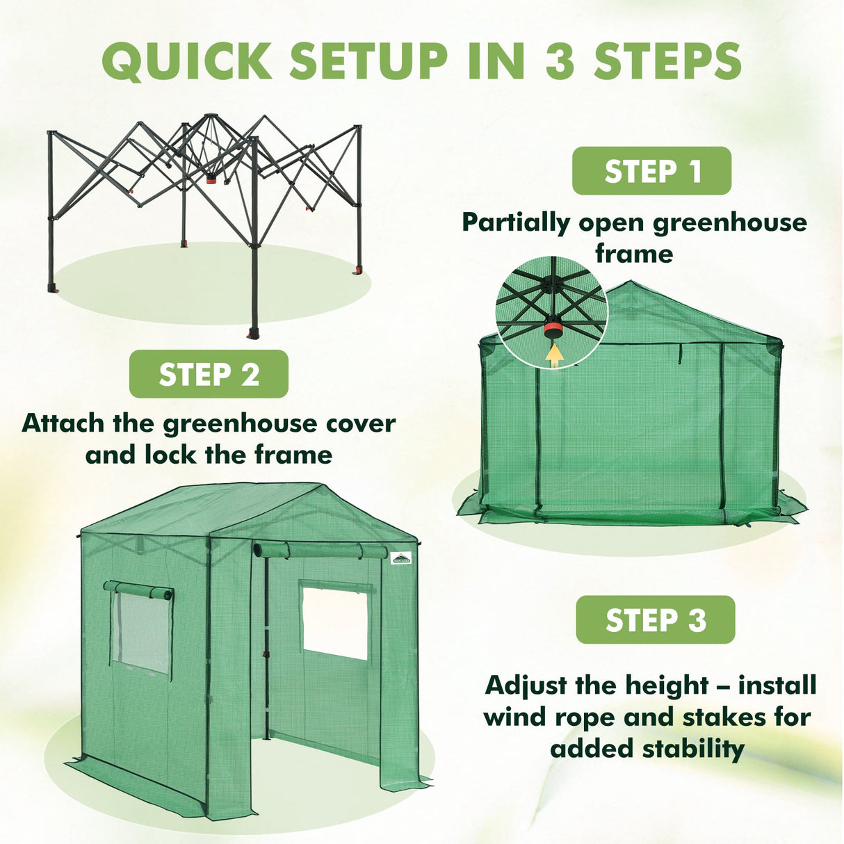 6x6/ 8x8/ 10x10 Portable Pop Up Greenhouse, Patented Center Lock with Gable Roof - Eagle Peak