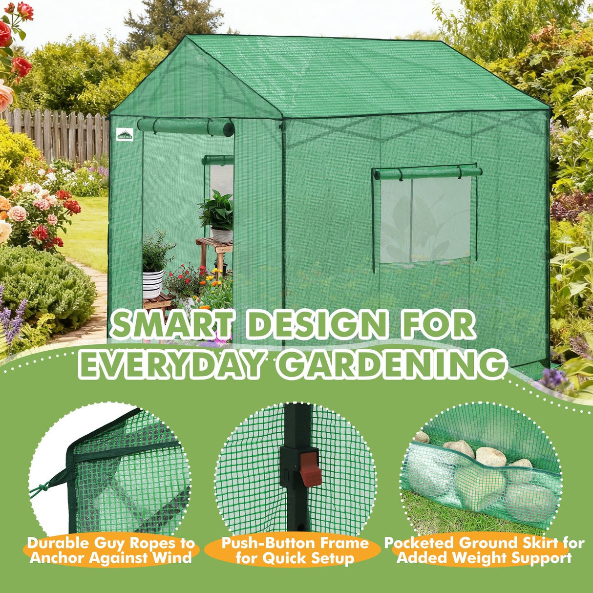 6x6/ 8x8/ 10x10 Portable Pop Up Greenhouse, Patented Center Lock with Gable Roof - Eagle Peak
