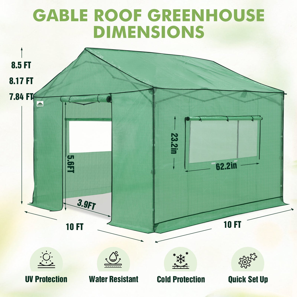 6x6/ 8x8/ 10x10 Portable Pop Up Greenhouse, Patented Center Lock with Gable Roof - Eagle Peak