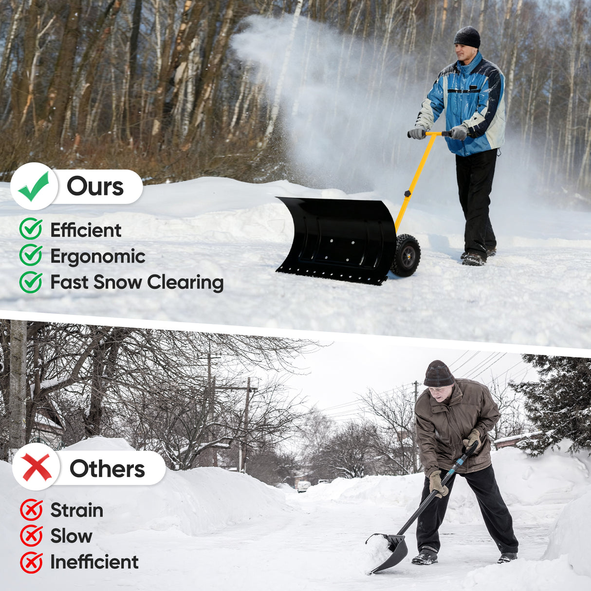 Wheeled Snow Shovel for Driveway 29”x16.5” Blade, Single/Dual Rod