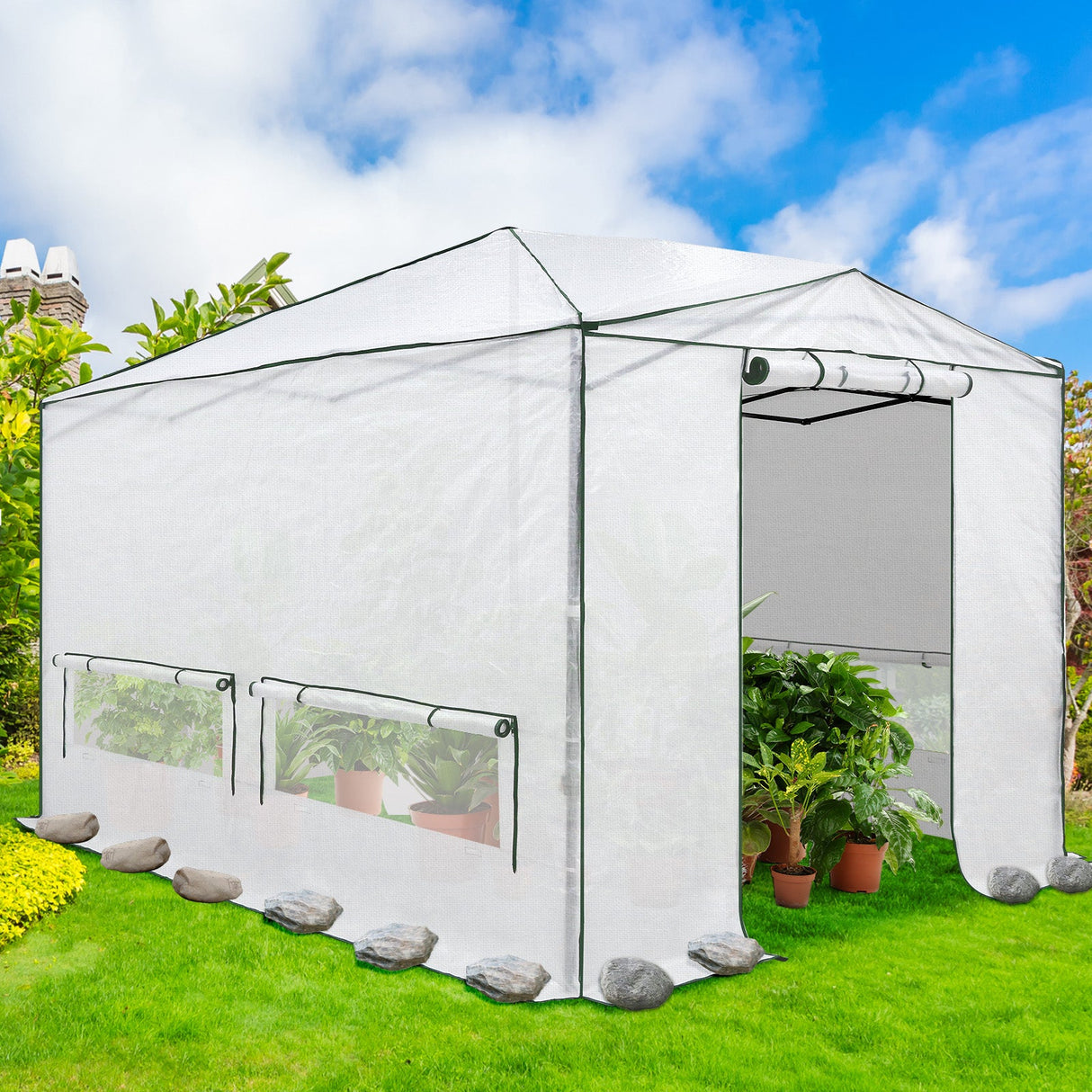 8x6/12x8 Portable Walk - in Greenhouse, Woven PE Top, White - Eagle Peak Custom Canopy Tent