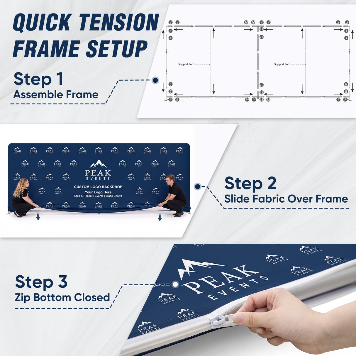 8x7.5 FT/10x7.5 FT/20x7.5 FT Custom Tension Fabric Trade Show Backdrop with Stand - Eagle Peak®