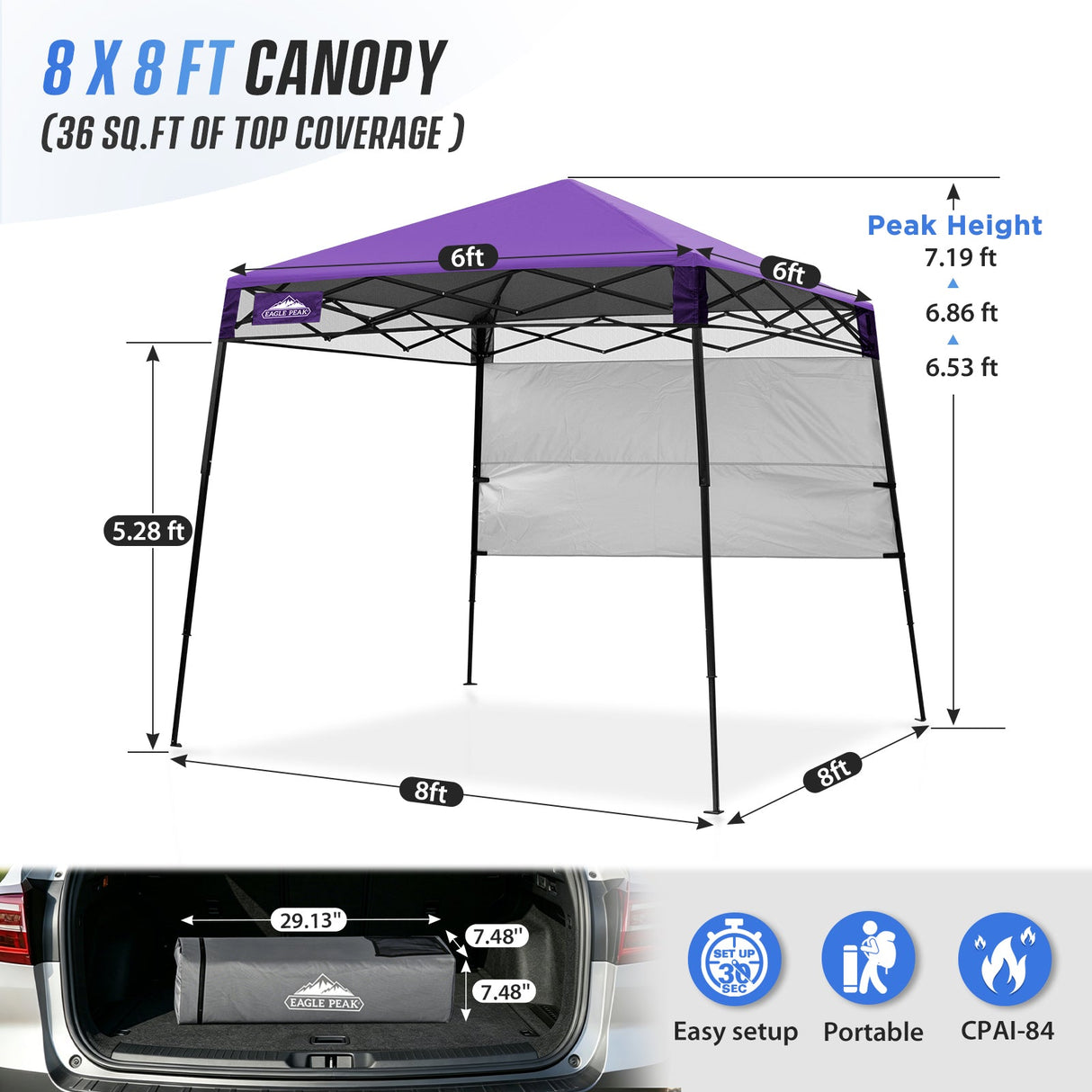 8x8 Pop Up Canopy Tent with Sidewall,8x8 Base 6x6 Top - Eagle Peak®