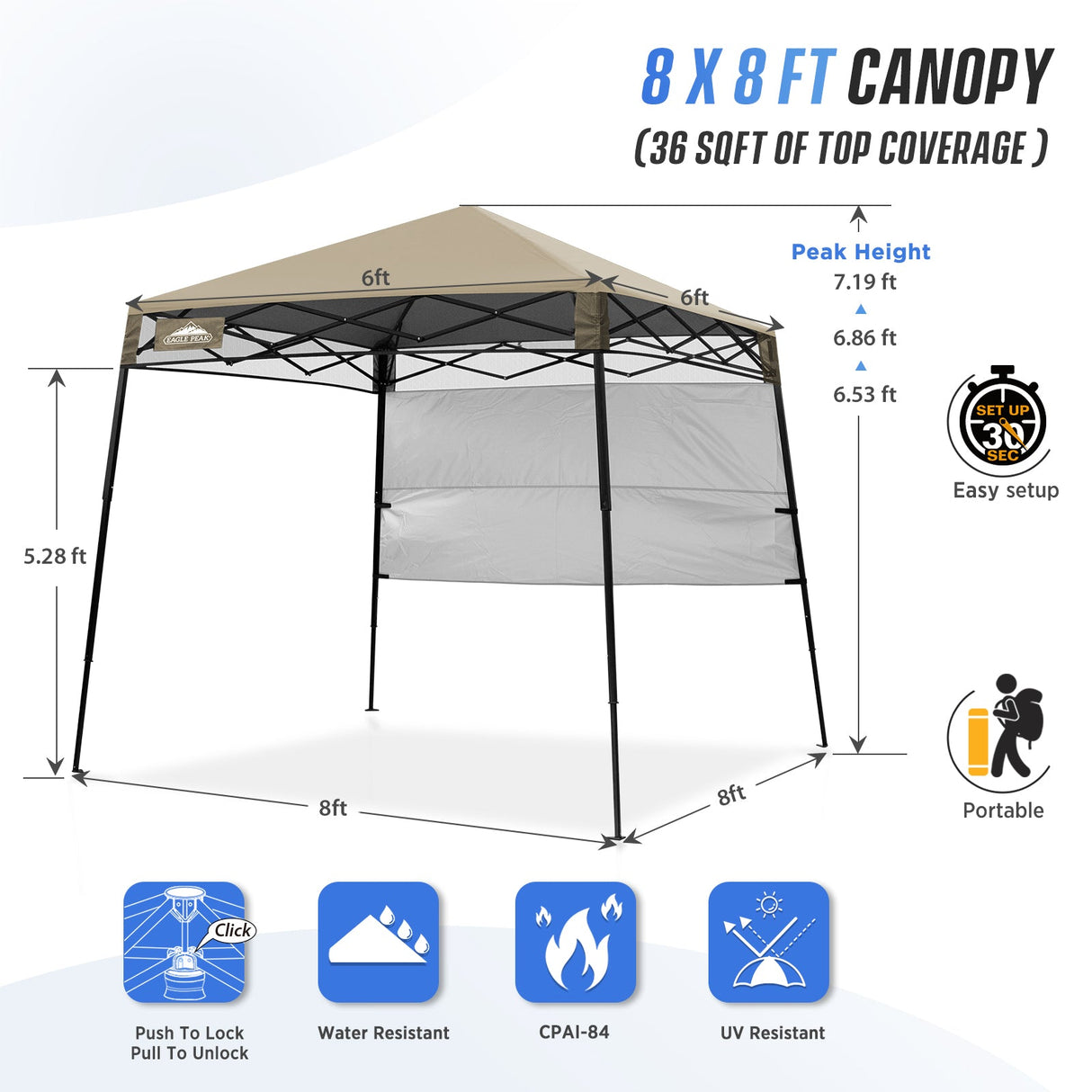 8x8 Pop Up Canopy Tent with Sidewall,8x8 Base 6x6 Top - Eagle Peak Custom Canopy Tent