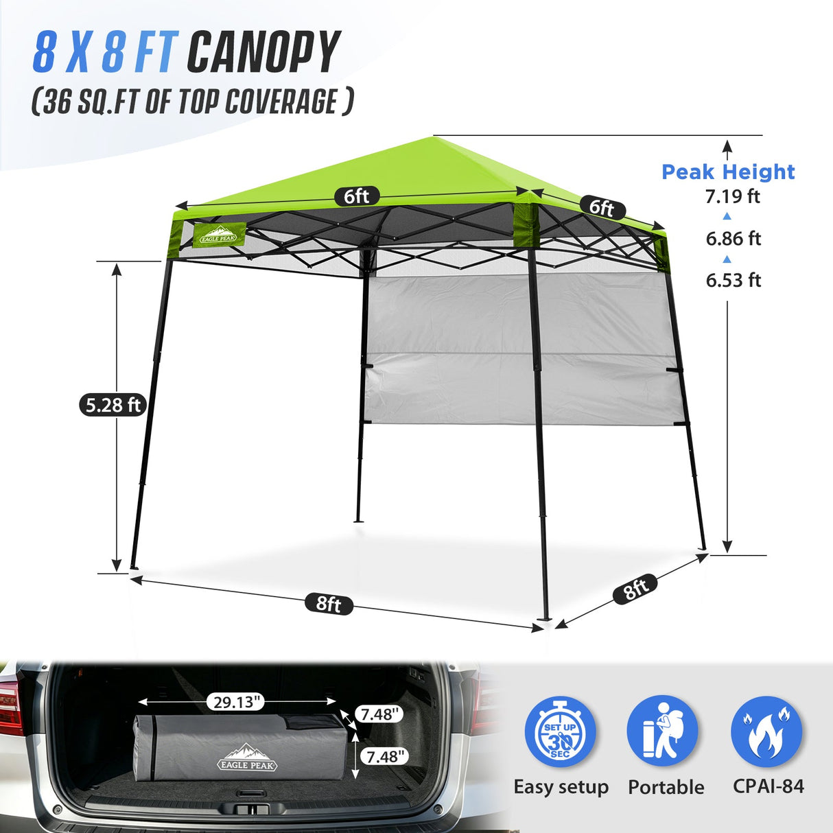 8x8 Pop Up Canopy Tent with Sidewall,8x8 Base 6x6 Top - Eagle Peak®