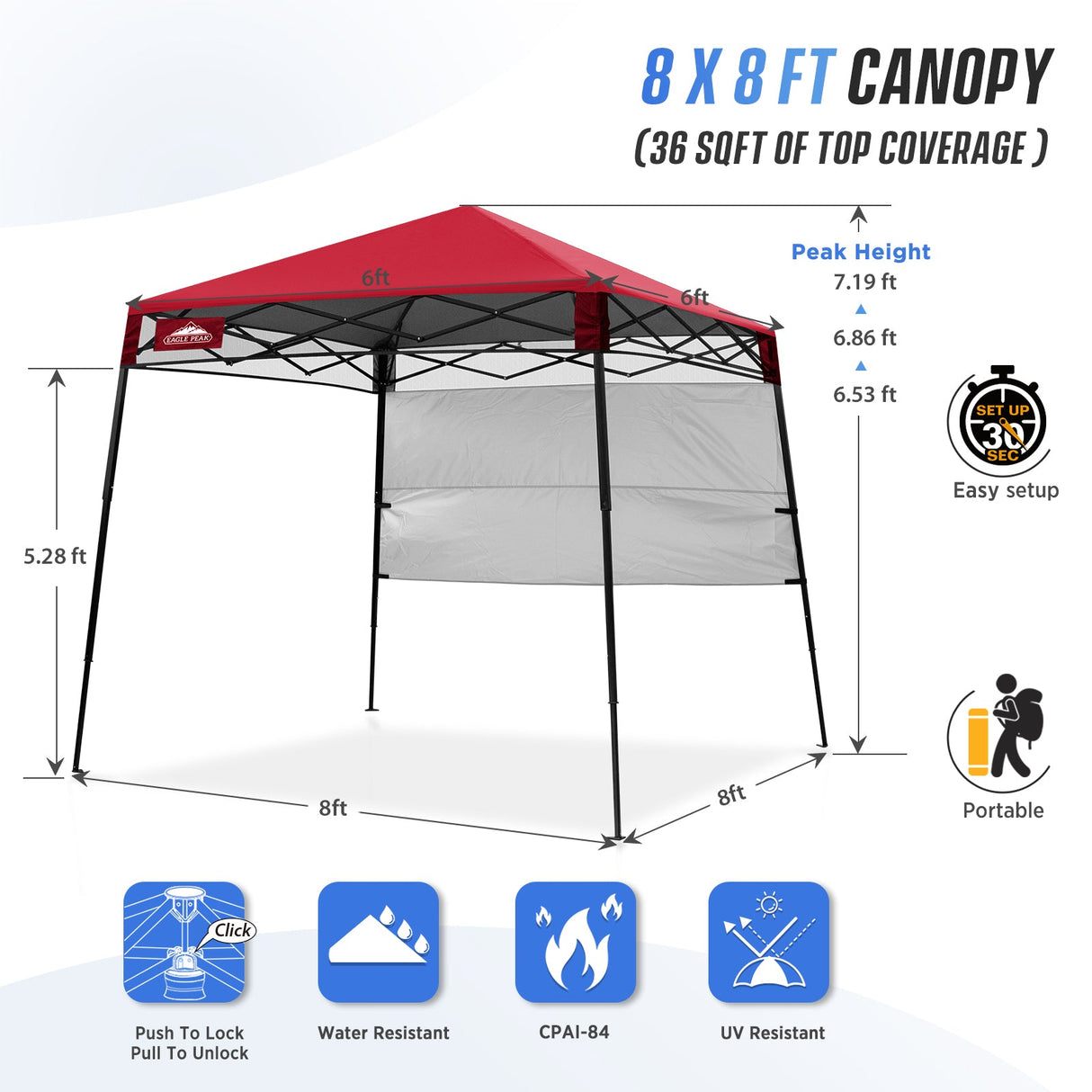 8x8 Pop Up Canopy Tent with Sidewall,8x8 Base 6x6 Top - Eagle Peak Custom Canopy Tent