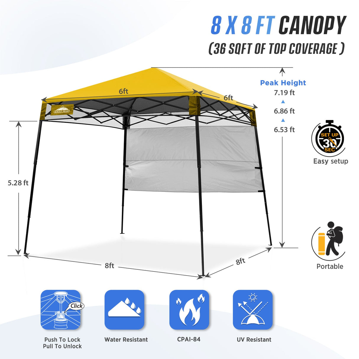 8x8 Pop Up Canopy Tent with Sidewall,8x8 Base 6x6 Top - Eagle Peak Custom Canopy Tent
