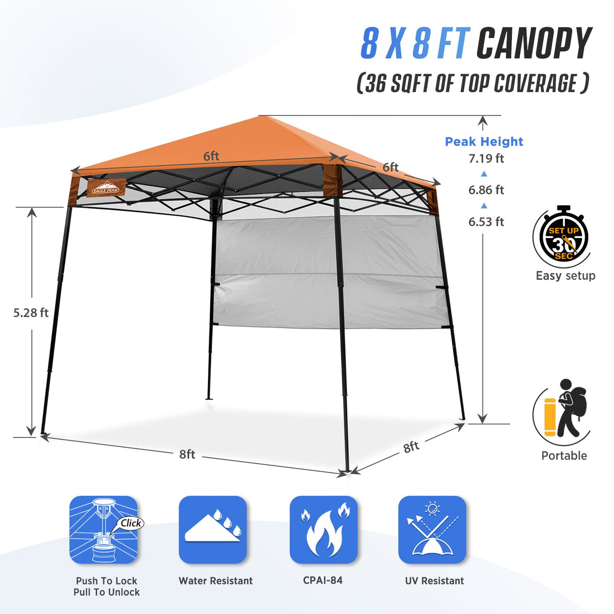 8x8 Pop Up Canopy Tent with Sidewall,8x8 Base 6x6 Top - Eagle Peak Custom Canopy Tent