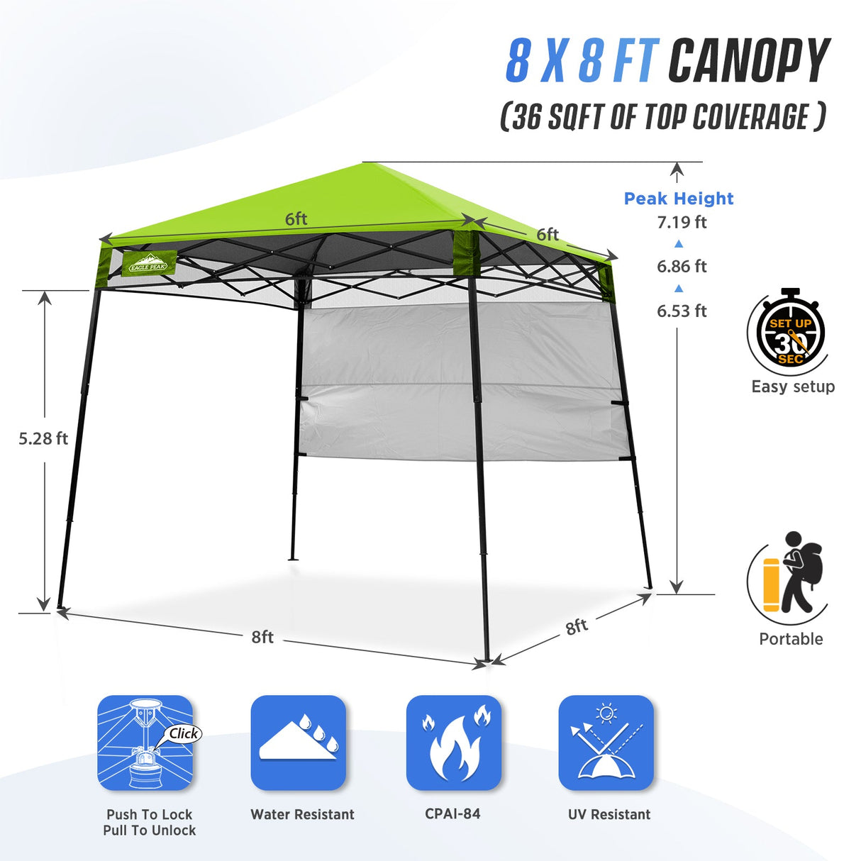 8x8 Pop Up Canopy Tent with Sidewall,8x8 Base 6x6 Top - Eagle Peak Custom Canopy Tent