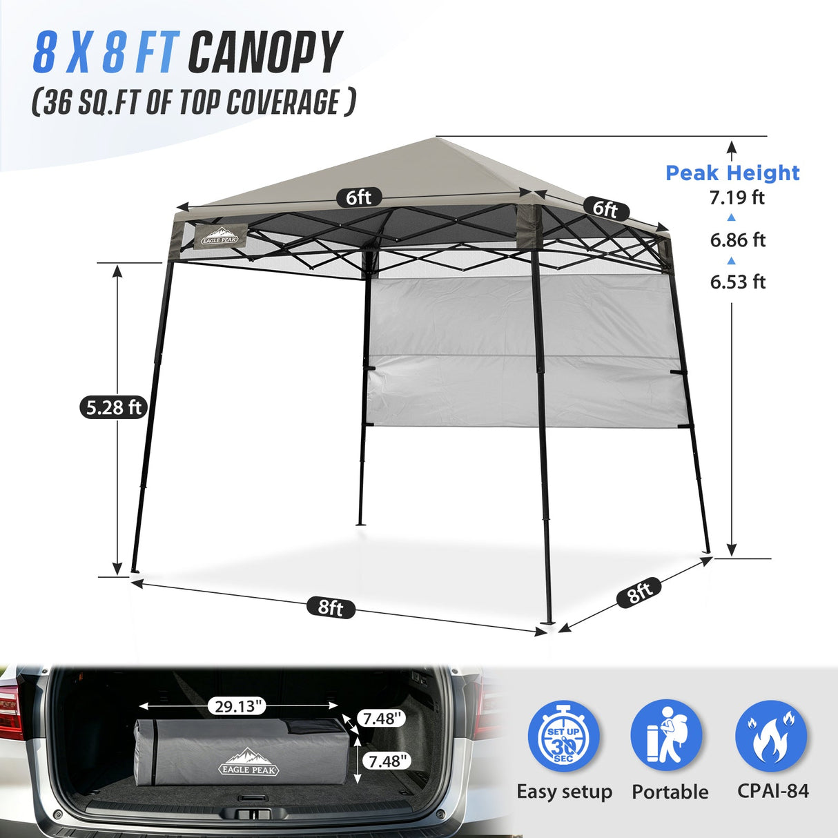 8x8 Pop Up Canopy Tent with Sidewall,8x8 Base 6x6 Top - Eagle Peak®