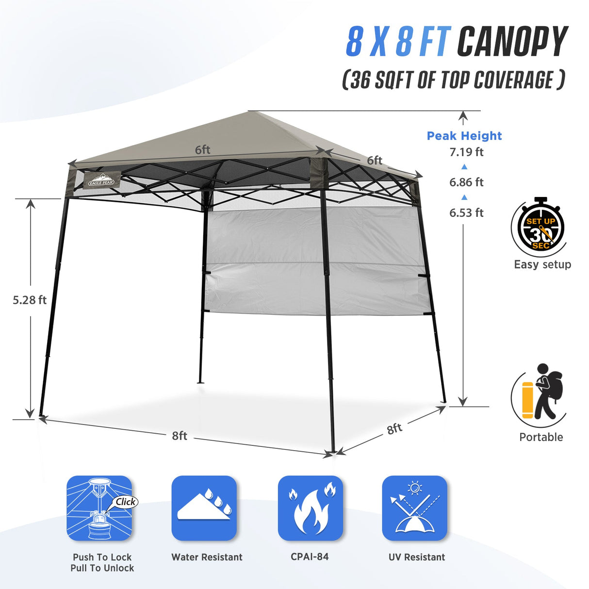 8x8 Pop Up Canopy Tent with Sidewall,8x8 Base 6x6 Top - Eagle Peak Custom Canopy Tent