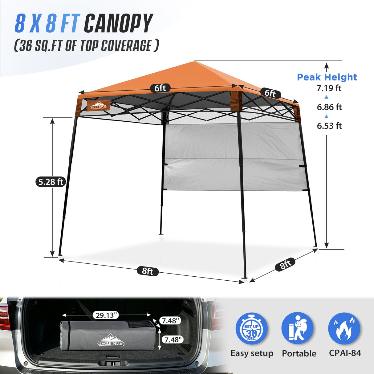 8x8 Pop Up Canopy Tent with Sidewall,8x8 Base 6x6 Top - Eagle Peak®