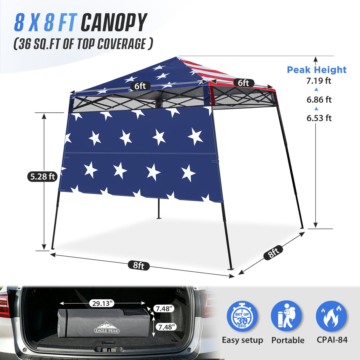 8x8 Pop Up Canopy Tent with Sidewall,8x8 Base 6x6 Top - Eagle Peak®