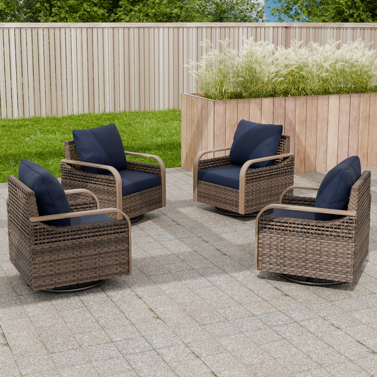 Modern Wicker Outdoor Glider Rocking Chair,4 Chairs, Brown/Gray
