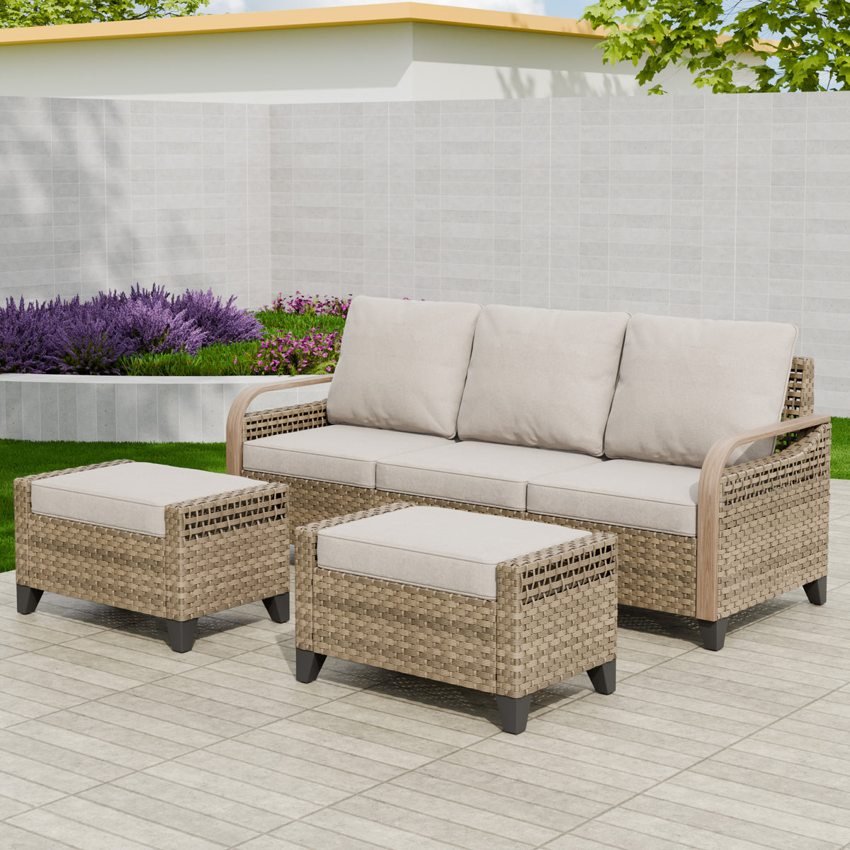 Modern Wicker 3 Piece Outdoor Patio Furniture Set, a 3-Seat Loveseat and 2 Ottomans
