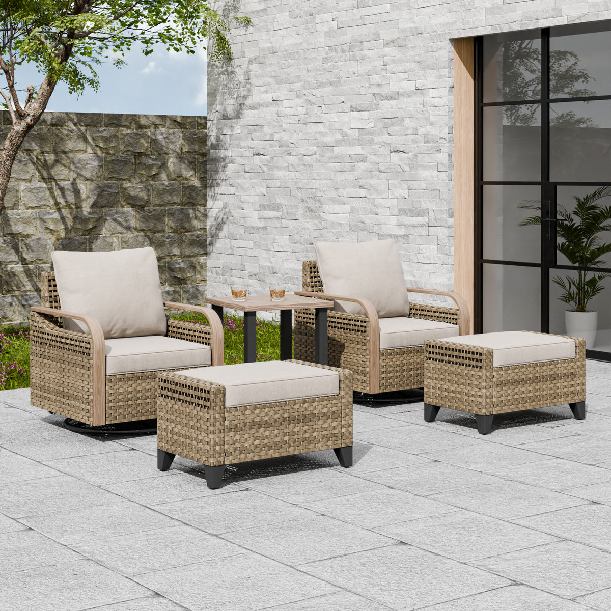 Modern Wicker 5 Piece Furniture Set w/ Swivel Rocking Chairs, Brown/Gray