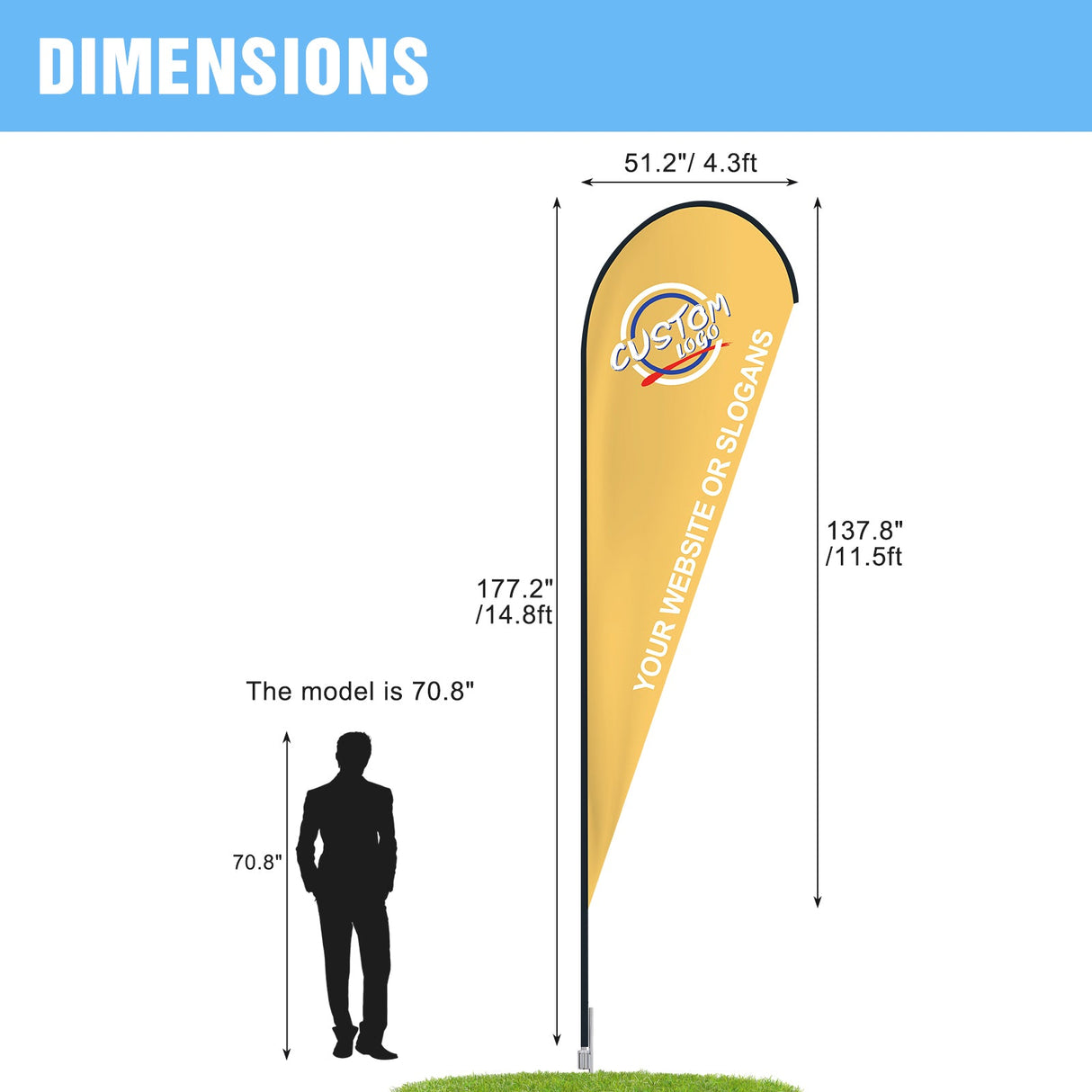 EAGLE PEAK Custom Printed Teardrop Flags with Your Logo, Single Sided Print, includes Ground Spike Base & Carry Bag, 51.2×137.8 in - Eagle Peak Custom Canopy Tent