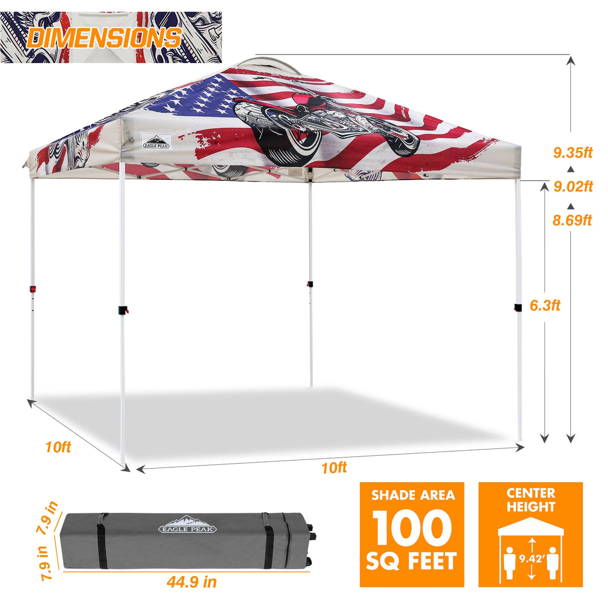 Easy Setup Straight Leg 10x10 Pop Up Canopy Tent Graphix Top w/ 100 sqft of Shade - Eagle Peak Custom Canopy Tent