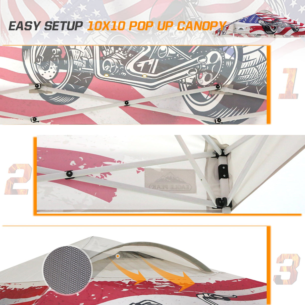 Easy Setup Straight Leg 10x10 Pop Up Canopy Tent Graphix Top w/ 100 sqft of Shade - Eagle Peak Custom Canopy Tent