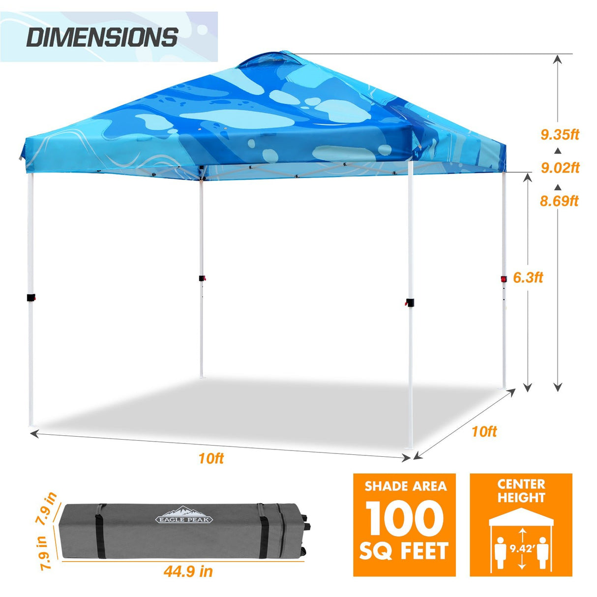 Easy Setup Straight Leg 10x10 Pop Up Canopy Tent Graphix Top w/ 100 sqft of Shade - Eagle Peak Custom Canopy Tent