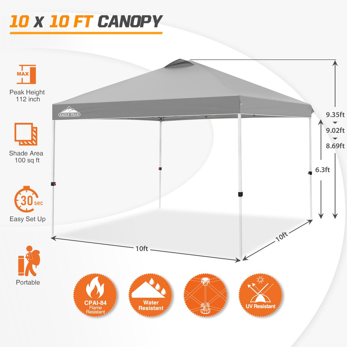 Easy Setup Straight Leg 10x10 Pop Up Canopy Tent w/ 100 sqft of Shade - Eagle Peak Custom Canopy Tent