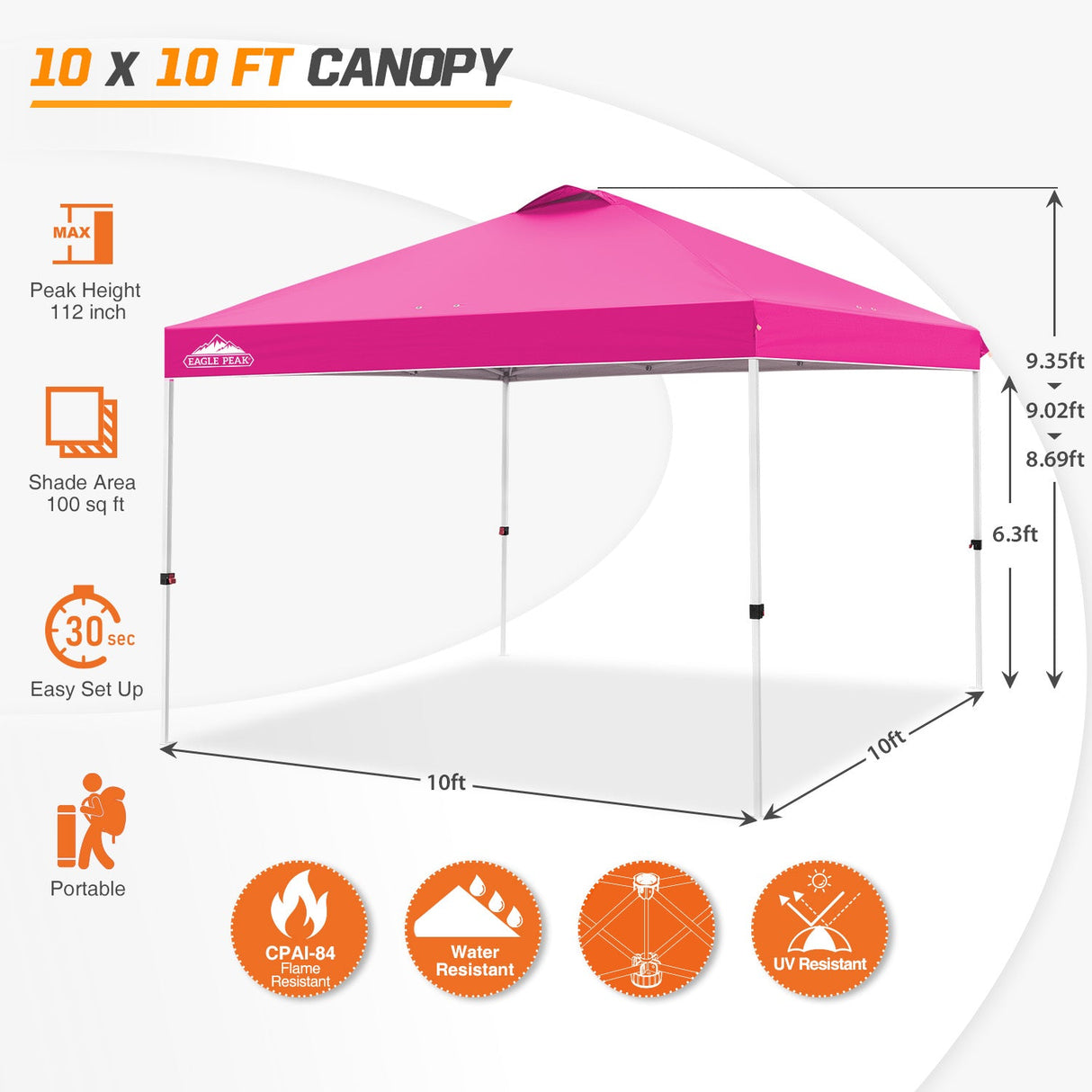 Easy Setup Straight Leg 10x10 Pop Up Canopy Tent w/ 100 sqft of Shade - Eagle Peak Custom Canopy Tent