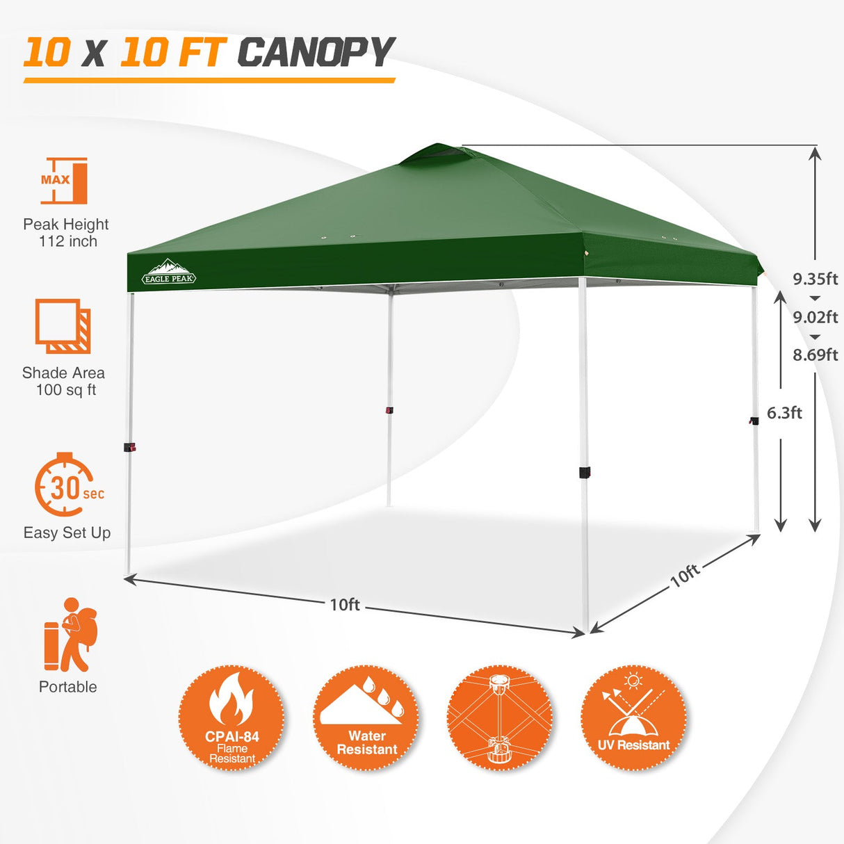 Easy Setup Straight Leg 10x10 Pop Up Canopy Tent w/ 100 sqft of Shade - Eagle Peak Custom Canopy Tent
