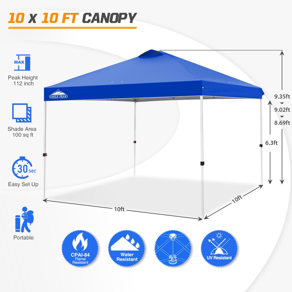 Easy Setup Straight Leg 10x10 Pop Up Canopy Tent w/ 100 sqft of Shade - Eagle Peak Custom Canopy Tent